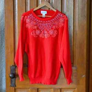 Vtg Jessica Red Embroidered  Sweater